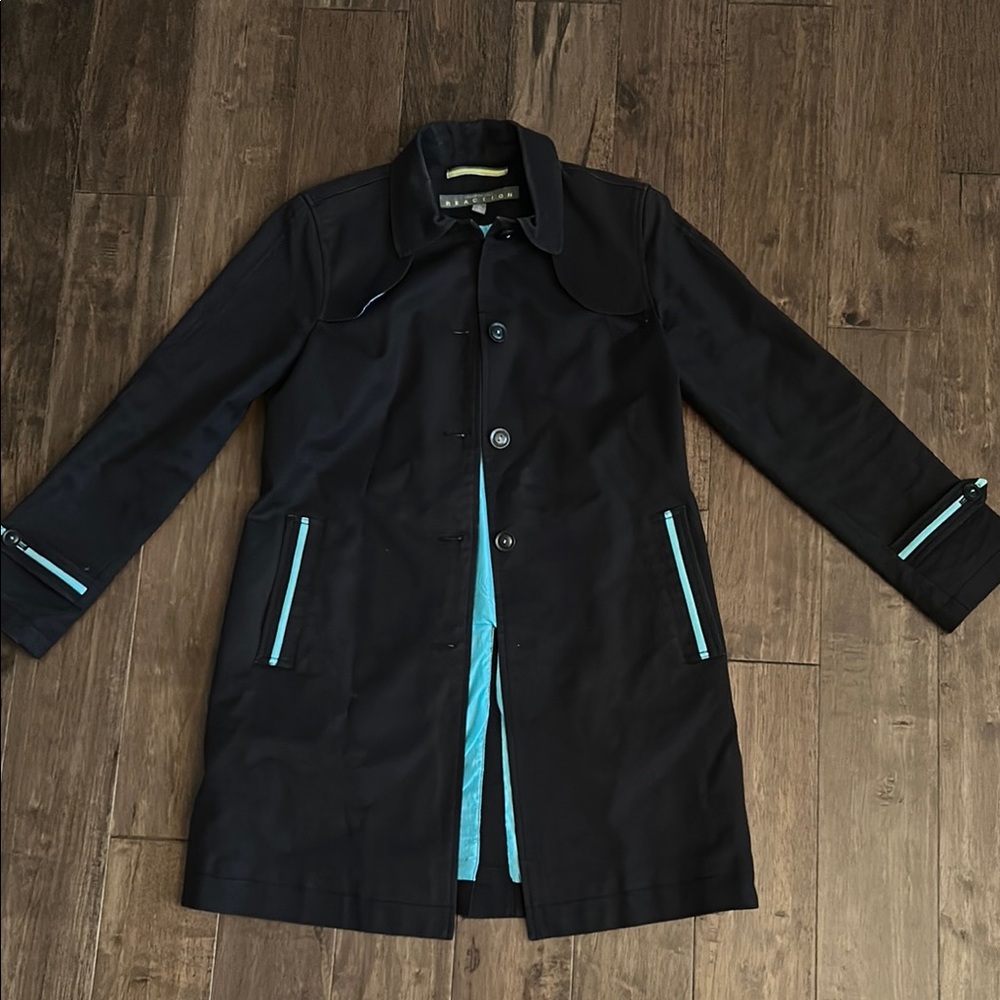 Kenneth Cole Reaction Black Trench Coat with Blue Details